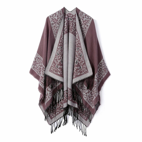 Wool Open Poncho Cape Wrap Shawl Cloak Fringe Unisex Leopard Print Street Casual - Picture 5 of 8