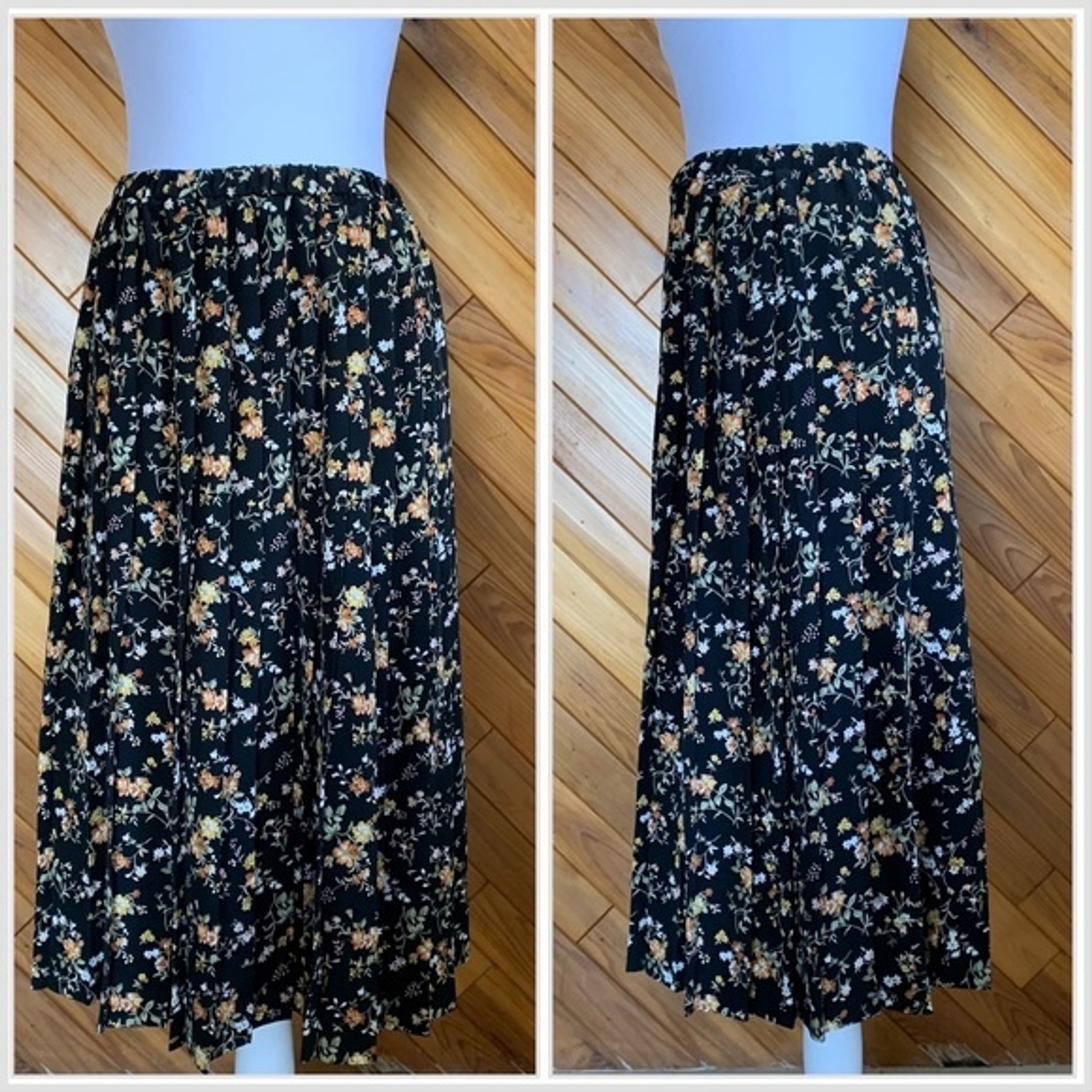 Vintage 70s/80s Black Floral Pleated Midi Skirt - image 1