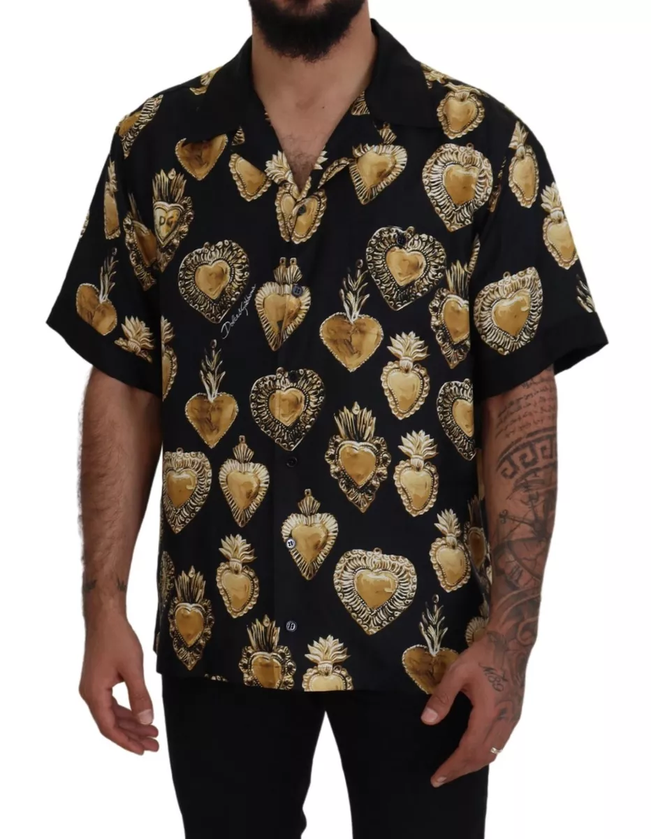 DOLCE & GABBANA Shirt Black Gold Heart Short Sleeve Silk Satin 41