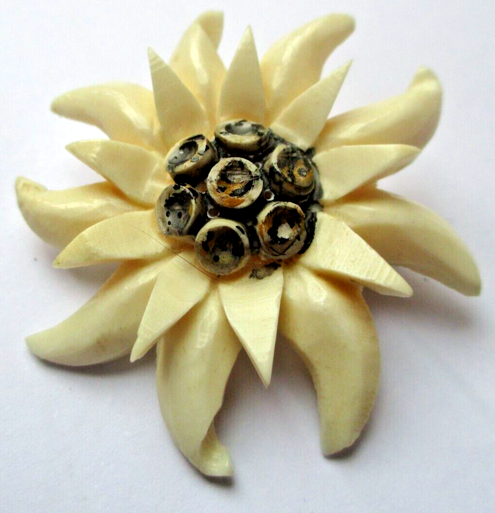 Grande Broche Fleur Vintage En Celluloïd Noir - Bijou Fantaisie Rare - Très Bon état