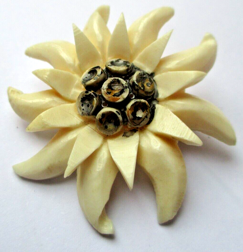 Grande Broche Florale Vintage - Papier Mâché Laqué Noir Et Bleu, Bijou Ancien 5637