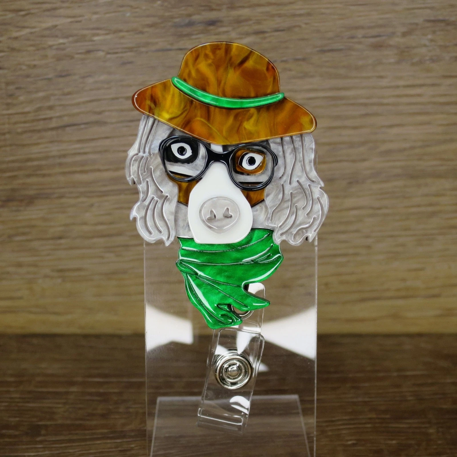 Dog With Hat And Glasses Retractable ID Badge Reel Alligator Clip