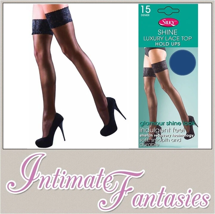 Hold Up Stockings Navy Blue Sexy Lace Top Sheer Shine Nylon Size 8