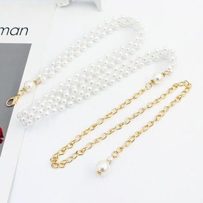 Women Elegant Pearl Chain Belt Thin Waist Gold Metal Belts For Girls Lady