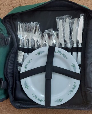 Picnic Backpack for 4, Green backpack Set w/ plates, Glasses  display picture 2