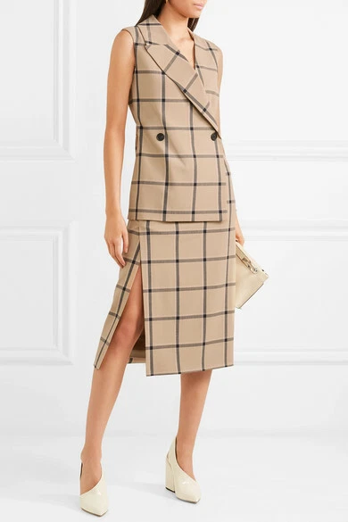 MONSE Beige Black Plaid Check MON LOUISE Wrap Tuxedo Sleeveless Midi Dress 12 US - Image 3 of 4