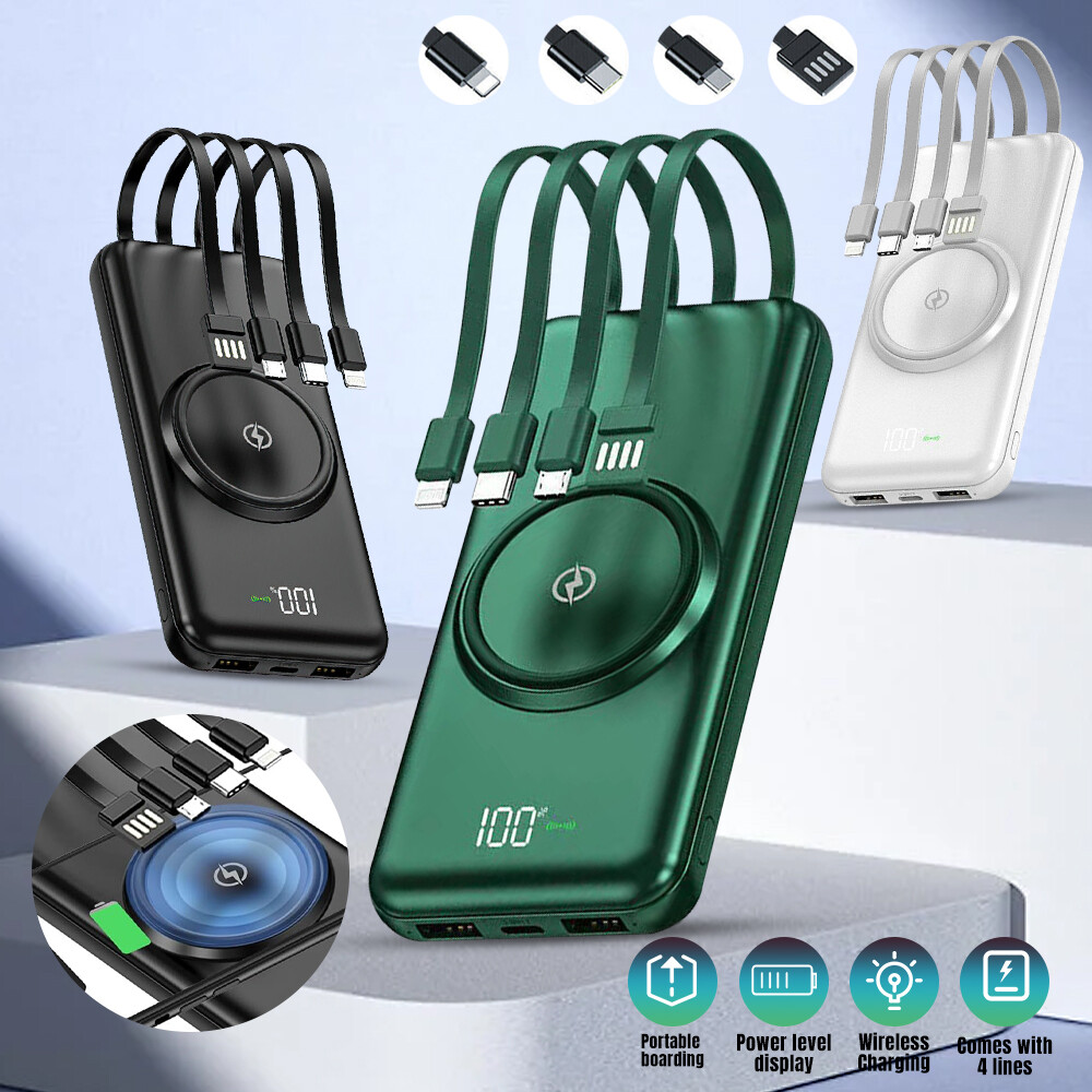 900000mAh Cargador Inalámbrico 4Cables Portatil Universal Para Bateria Celulares