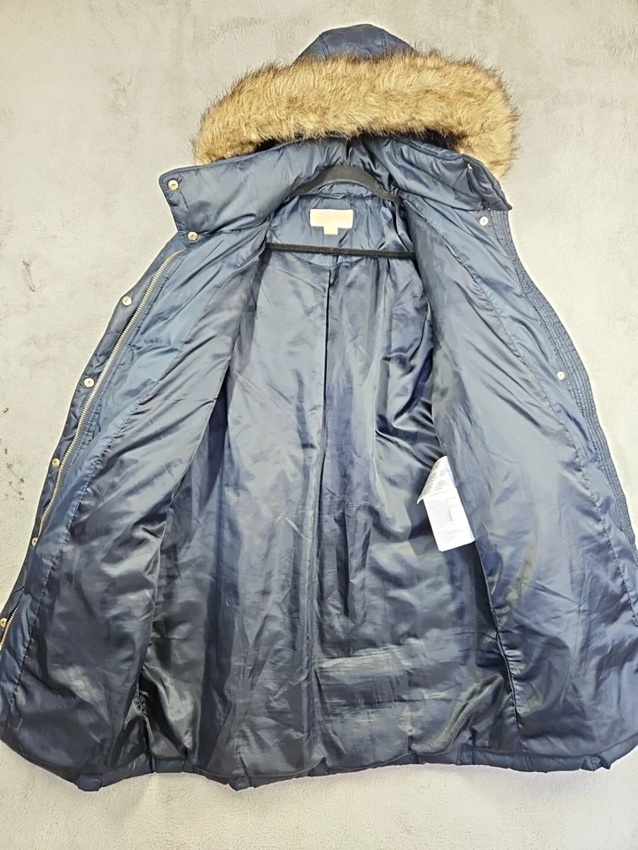 Michael Kors 羽绒大衣人造毛皮装饰帽及膝深蓝色 M 码 — 第 3/4 张图片