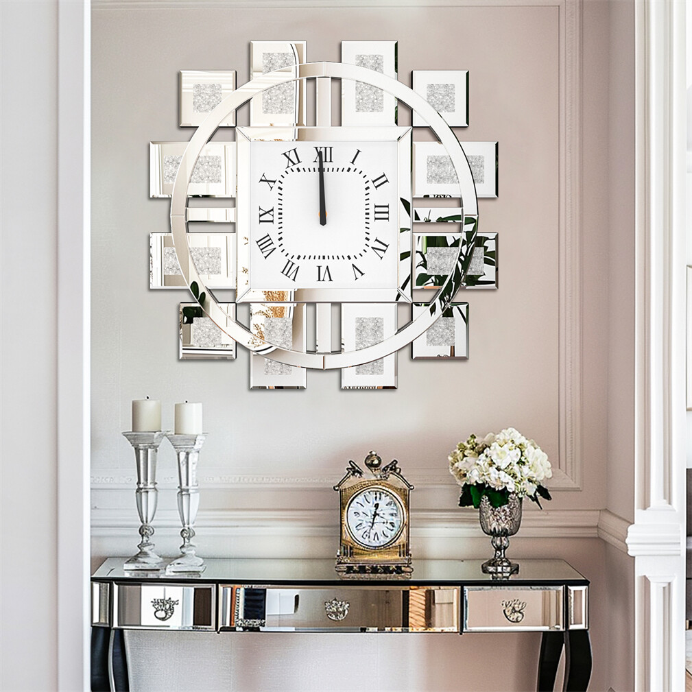 Geometric Crushed Diamond Mirrored Wall Clock Sparkling Twinkle Bling Home Decor