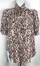 Mauve Ruched Turtleneck top 2 Leopard Cheetah Puff Sleeves Pleated Office Career