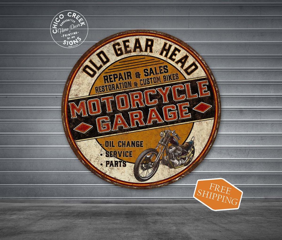 Old Gear Head Motorcycle Garage Sign Oil Change Dirt Bike Chopper
