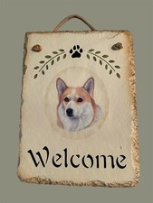 Welcome Sign Slate With Corgi Dog Hand Crafted 7.5  X 6  Beige Animal Pets