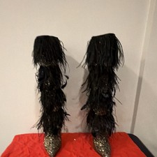 Lena Erziak Women s Black/Gold Sequin Fringe Knee-High Boots Pointed Toe 6.5