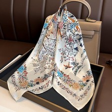 100 Mulberry Silk 27" Square Scarf Women Neckerchief Bandana White Flower Birds