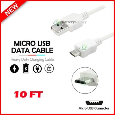 10ft White USB 2.0 Type A Male to Micro-B 5-Pin Cable