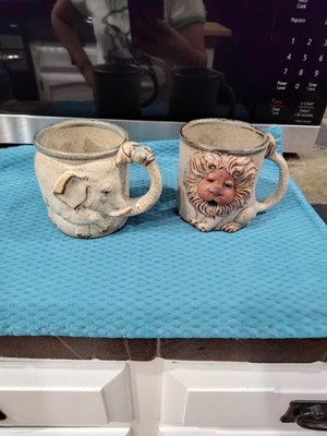 2 3D Handmade STUDIO Art Pottery LION & Elephant Face 8oz Mug Animal Earthenware
