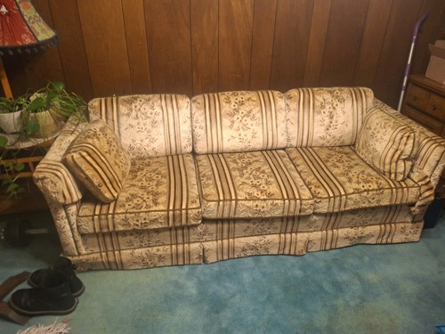 Beige/Brown Floral Striped Fabric 3-Seat Sofa, Rolled Arms, Cushions