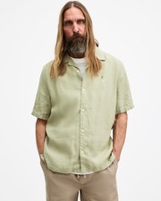 Image of AllSaints Men's Green Button-Up Shirt Size S Collared Short Sleeve Relaxed Fit