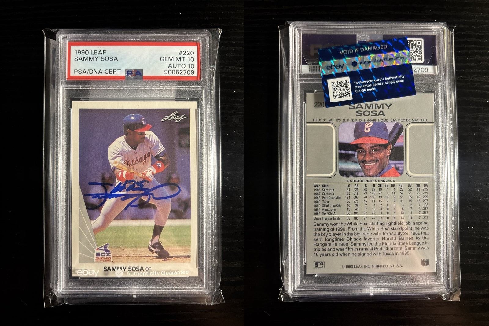 1990 Leaf SAMMY SOSA #220 RC PSA 10 Auto 10- White Sox | POP 16 view 3