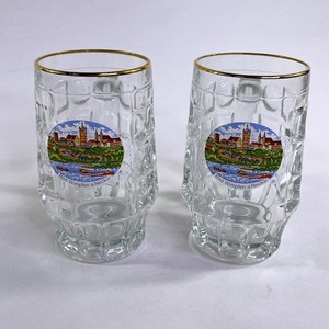 Vintage Bad Wimpfen a. Neckar German Souvenir Beer Mugs Glass Gold Rim Set of 2