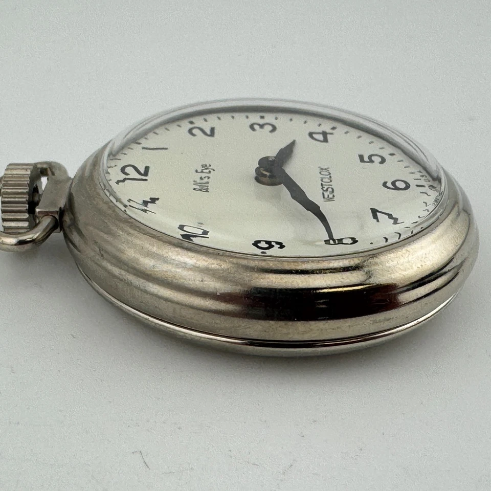 复古 Westclox 公牛眼手动上链机械怀表男式银色白色 — 第 3/4 张图片