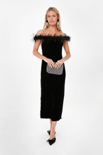 Rixo Winslett Black Velvet Midi Dress Feather Off Shoulder Size 8-10