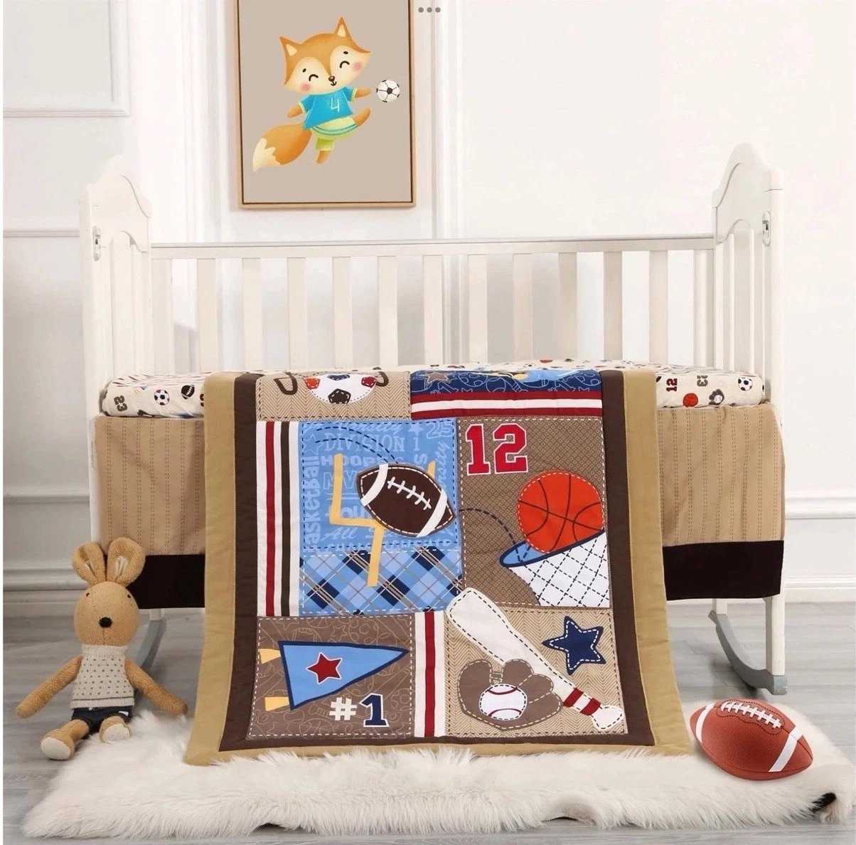 Wowelife Sports Mini Crib Bedding Set Boys Brown - 3 Pieces