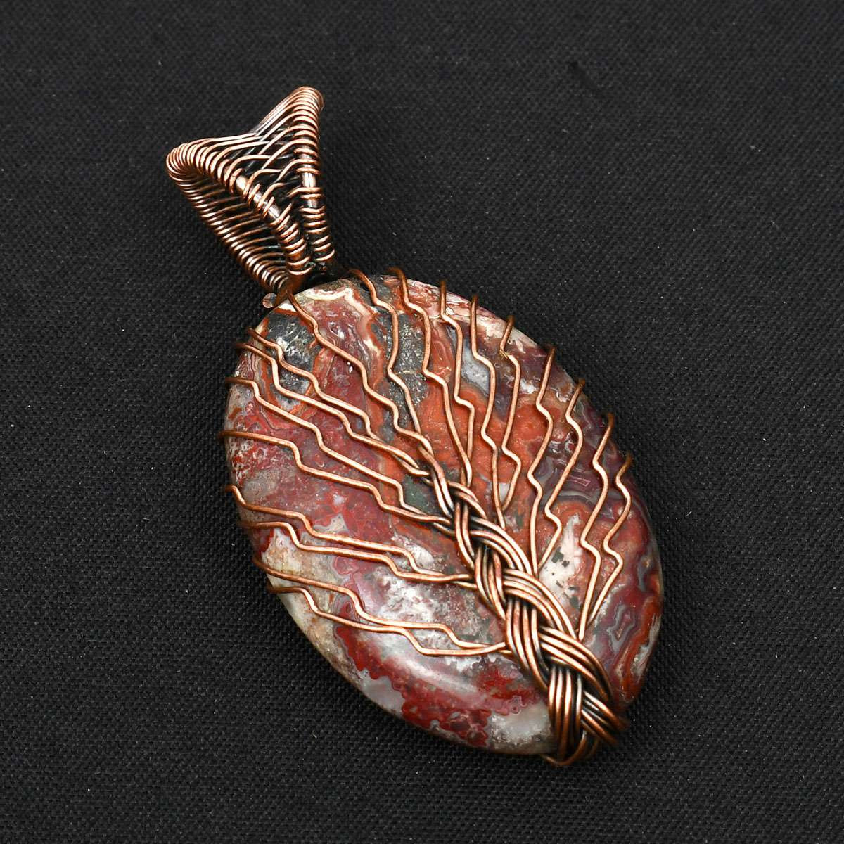 Tree Of Life Crazy Lace Agate Copper Wire Pendant Jewelry 2.08