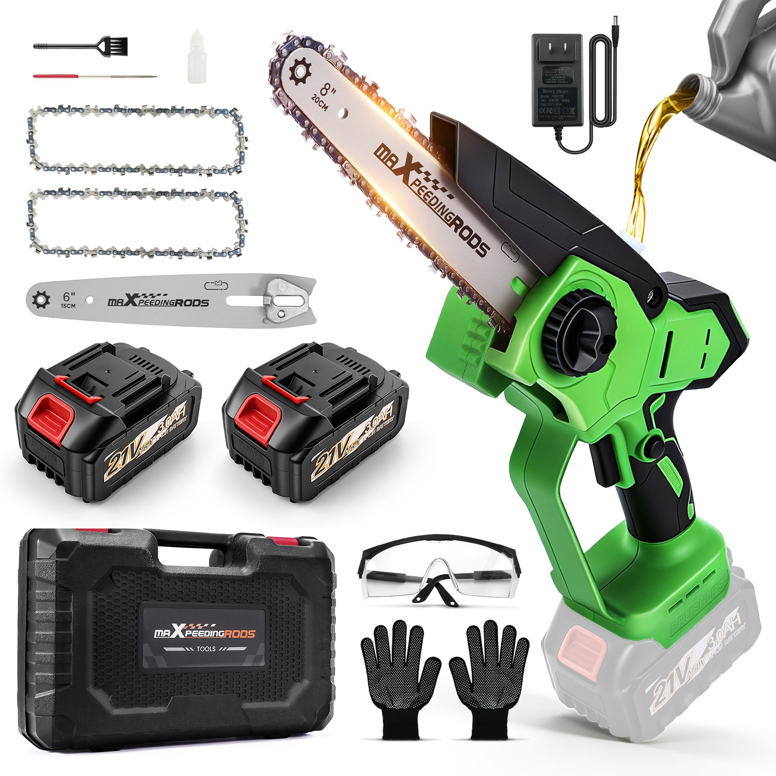 Brushless for Mini Chainsaw 8"&6" Hand Held Cordless Chain Saw with 2x4.0A