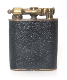 Vintage 1920s Nasco 18K Gold Plated Brass lift arm Black Pebbled Leather Lighter