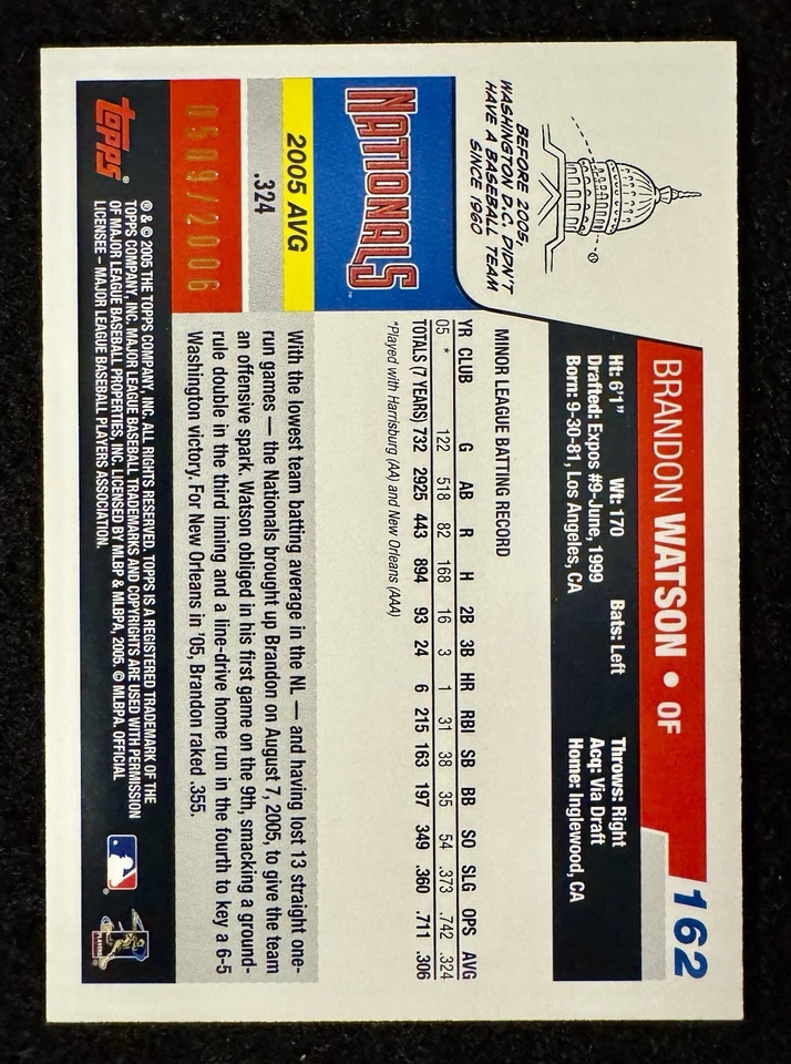2006 Topps Opening Day - Brandon Watson #162 Red Foil Parallel /2006 Nationals - Image 2 of 2