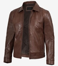 Men's Cognac Lambskin Leather Harrington Jacket Shirt Collar Zip S M L XL New