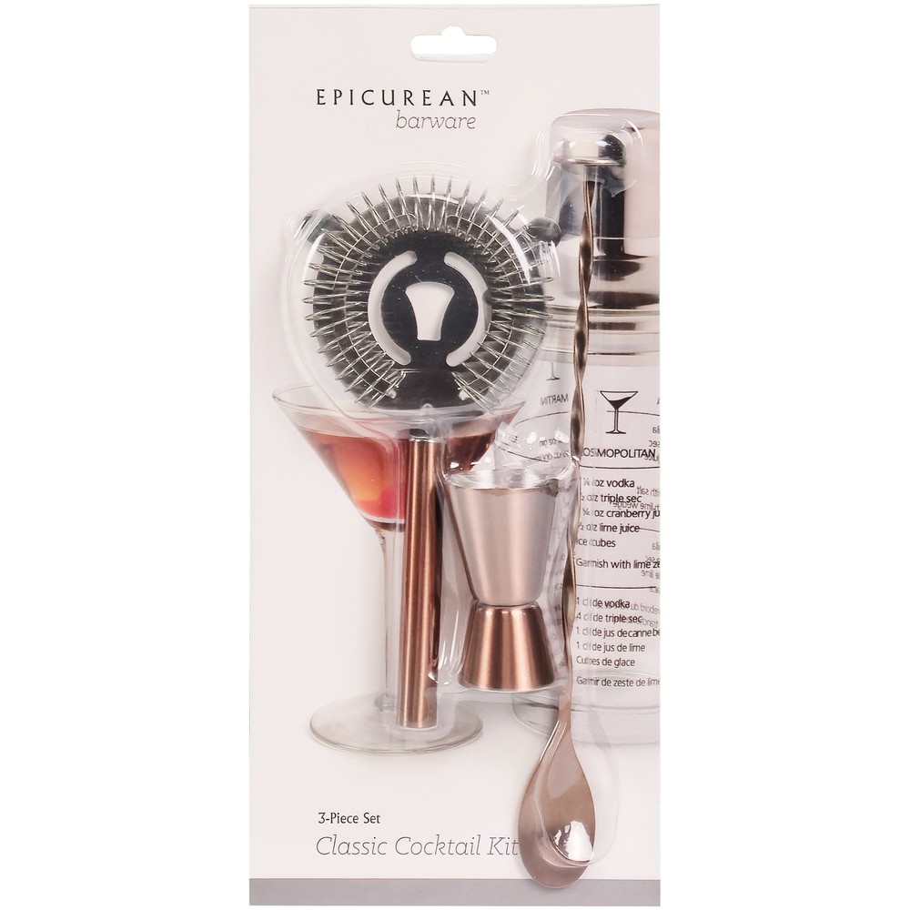 Epicurean Barware 3-Piece Copper Cocktail Kit Strainer Stirrer Jigger Set