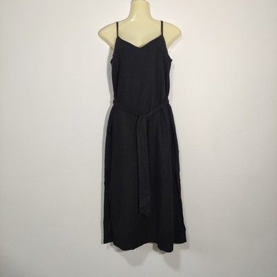 Glassons Black Linen Blend Strappy Split Sides Slip  Midi Dress - Size 6 Belted