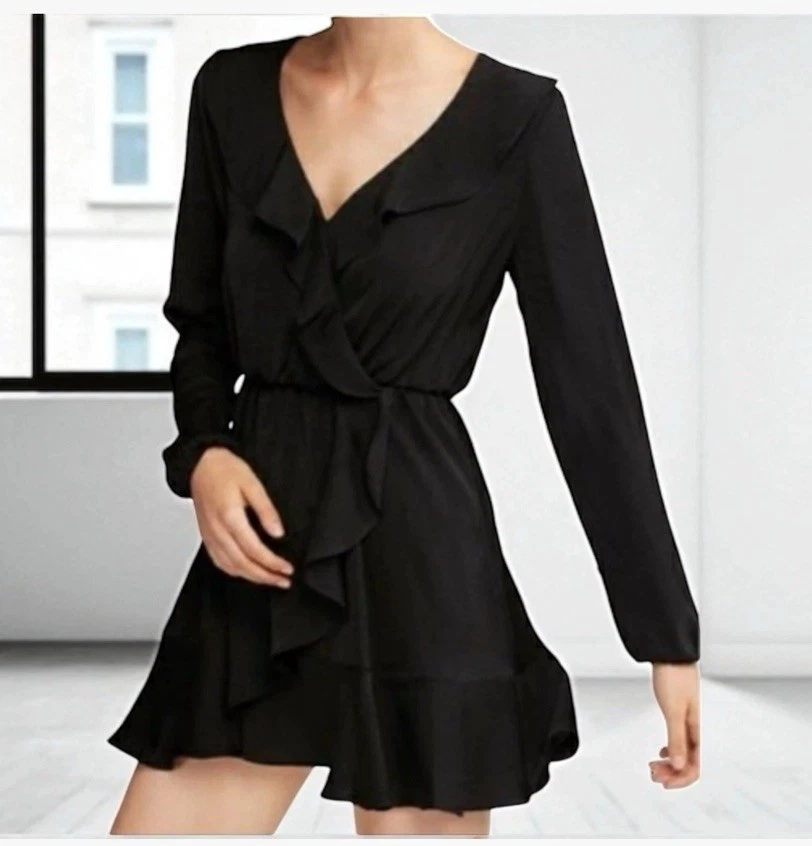 Express NWT Black long sleeve Satin faux wrap ruffle dress Med Party Holiday - Image 3 of 4