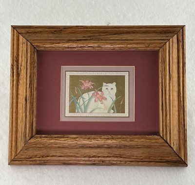 1985 Litho Print Elizabeth Brownd White Cat with Lilies Flowers