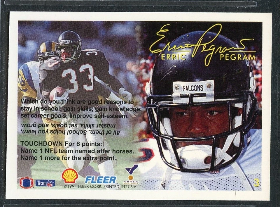 1994 Fact Fleer Shell Football - #3 - Erric Pegram - Atlanta Falcons - Image 2 of 2