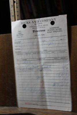 1954 Vintage Receipt Firestone Store Hicks and Co. Lake City Tennessee