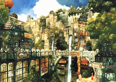Anime waterfall hot air balloons fantasy city moescape Custom Gaming Mat Desk