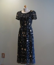 Barrie Pace Tea Length Black Floral Short Sleeve Silk Dress/SIZE 4