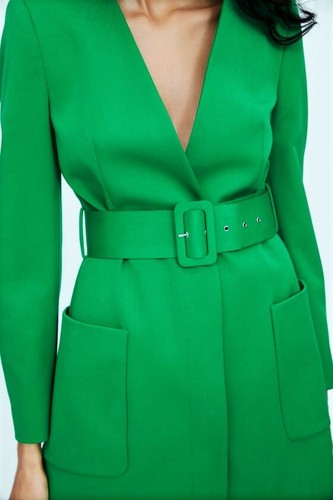 ZARA GREEN LINED FROCK COAT DRESS WITH WIDE BELT SIZE XS UK 8 - Picture 7 of 12