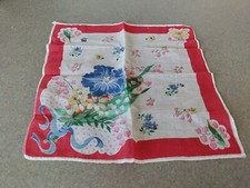 Vintage Handkerchief printed Flowers red blue green pink Cottagecore Grannycore