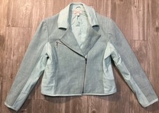 Fossil Women’s Mint Green Leather Tweed Motorcycle Jacket Size Med Zip Up Guc J4