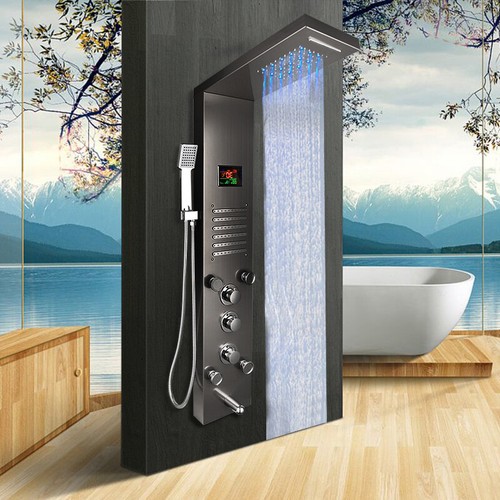 6-Way LED Shower Panel Tower System Black Digital 4 Massage Jets Shower Faucet - Picture 2 of 11