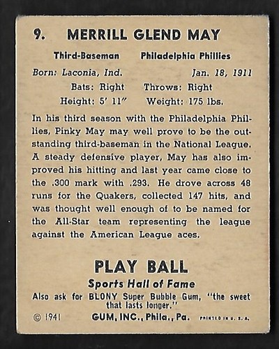 1941 PLAY BALL BASEBALL CARD #9 MERRILL PINKY MAY VG - Picture 2 of 2