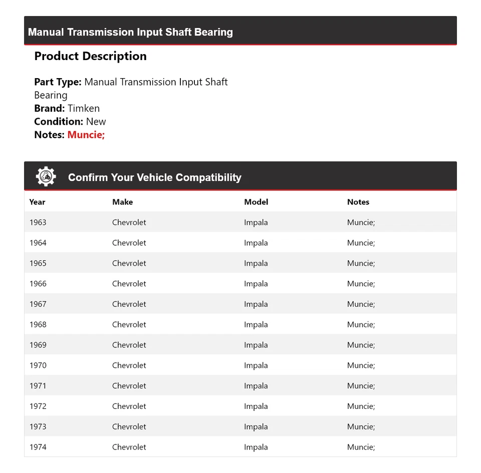 Cojinete de eje de entrada de transmisión manual Timken para Chevrolet Impala 1963-1974 Foto 2 de 4