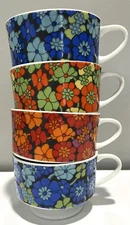 Vintage 60s MCM Flower Power Groovy Stacking Ceramic Mugs Cups Japan Stylecraft