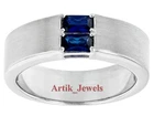 Lab Created Blue Sapphire With 14K White Gold Plated Silver Ring For Men's #801