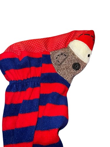 Nick & Nora Fleece Sock Monkey Striped Footed Pajamas Adult Small Red Blue Zip - Picture 4 of 7