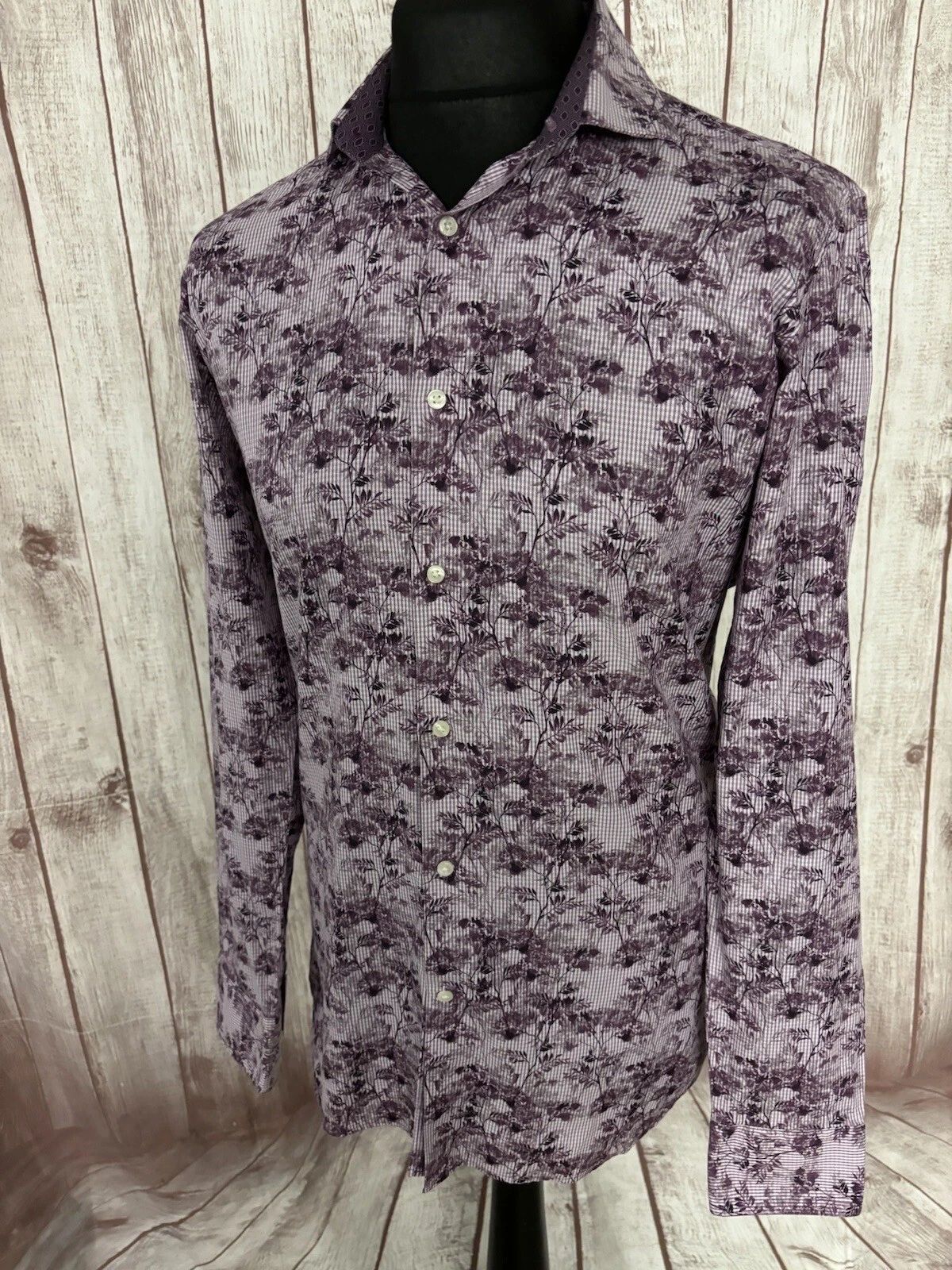 Ted Baker Mens Floral Shirt 15 40” Mens Endurance Meadowe Check Gingham Purple